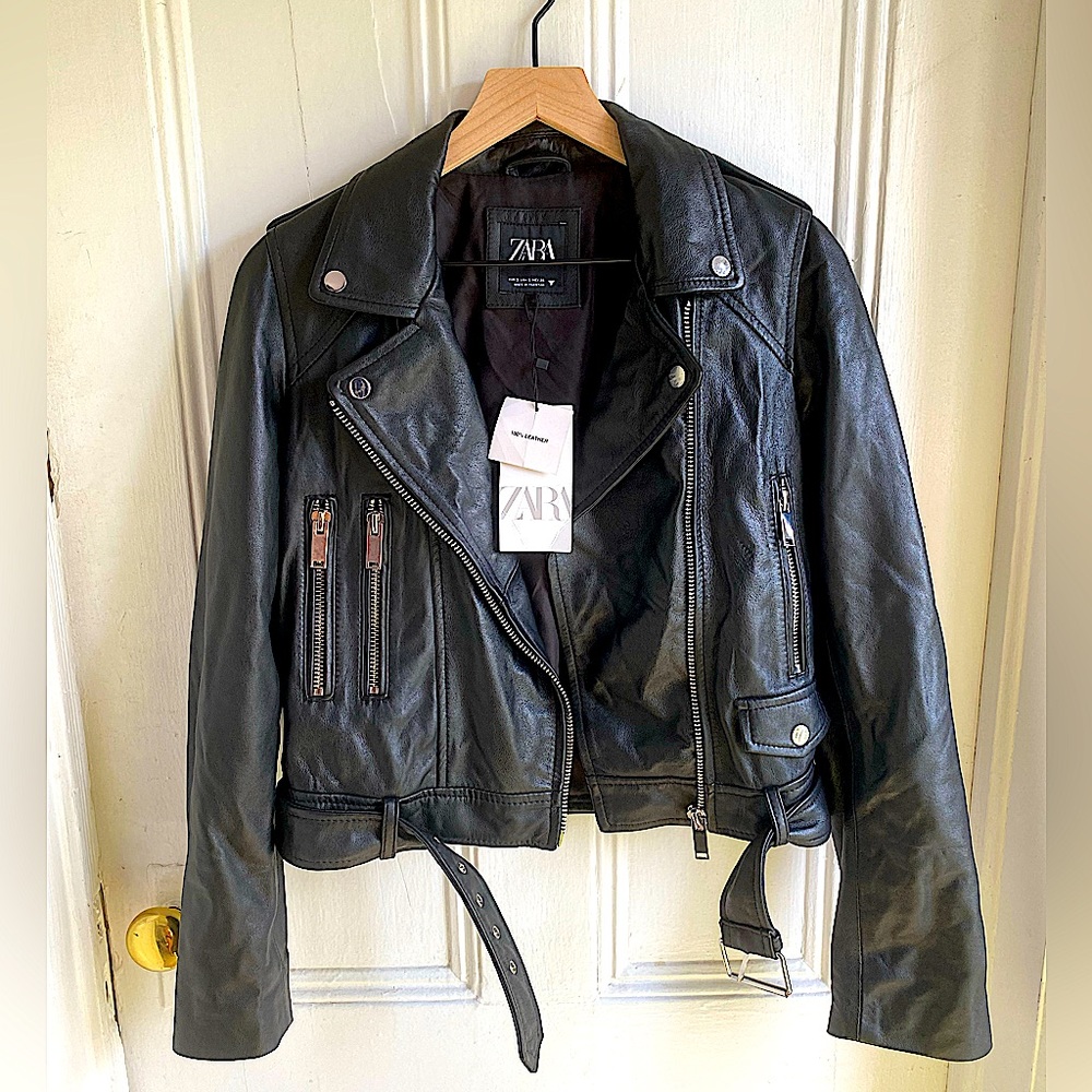 Zara Black Leather Moto Jacket with Asymmetrical Zipper